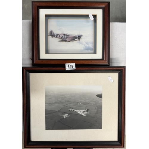 659 - A framed 3D paper picture of a Spitfire & A black & white photo print of Vulcan XA907