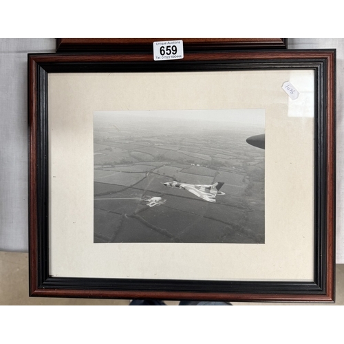 659 - A framed 3D paper picture of a Spitfire & A black & white photo print of Vulcan XA907