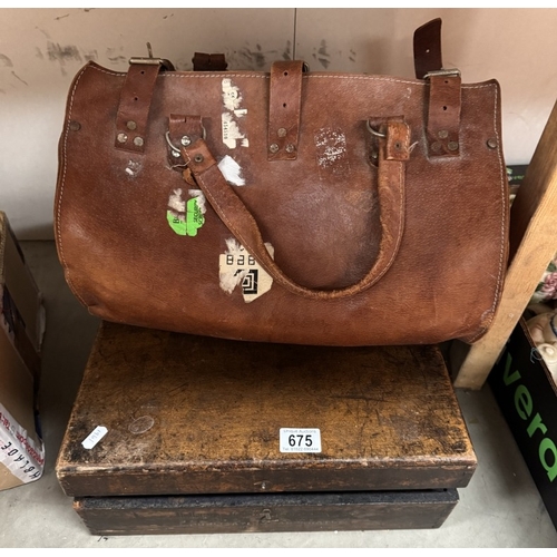 675 - A vintage wooden printing box with rollers & A fishing bag