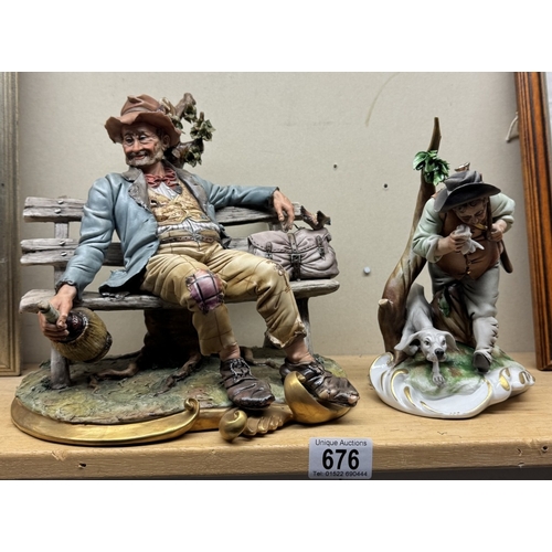 676 - A Capo-di-monte hunter & dog figure & an Italian figure of a drinking tramp