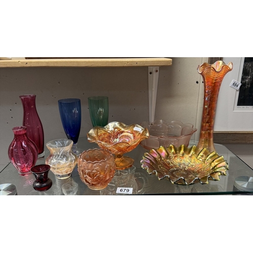 679 - A quantity of Carnival glass & other coloured glass vases including good luck dish - A/F