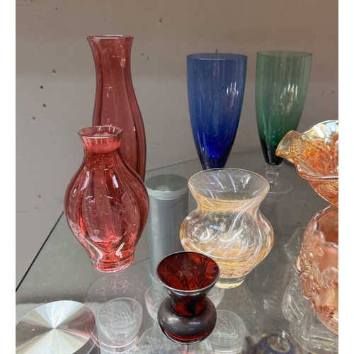 679 - A quantity of Carnival glass & other coloured glass vases including good luck dish - A/F