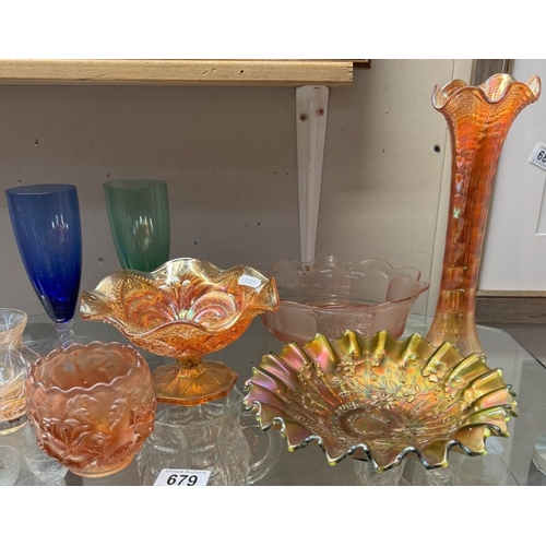 679 - A quantity of Carnival glass & other coloured glass vases including good luck dish - A/F