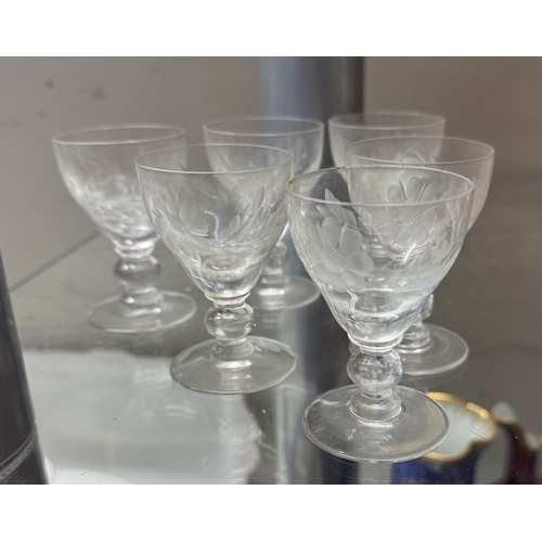 680 - 2 sets of 6 vintage etched sherry glasses & a glass jug