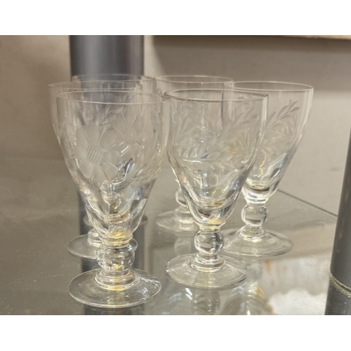 680 - 2 sets of 6 vintage etched sherry glasses & a glass jug