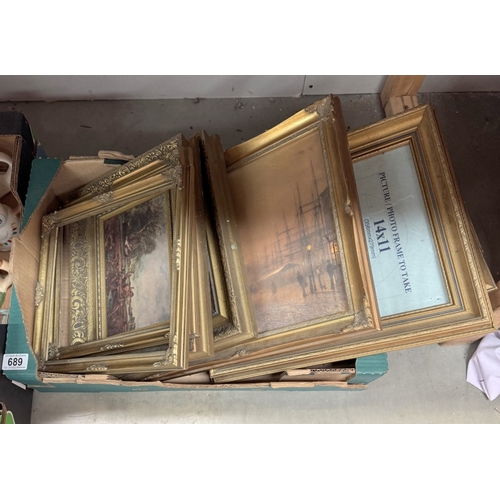 689 - A box of old frames & pictures