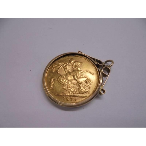 1023 - An 1878 Queen Victoria young head gold sovereign in a 9ct gold pendant mount.