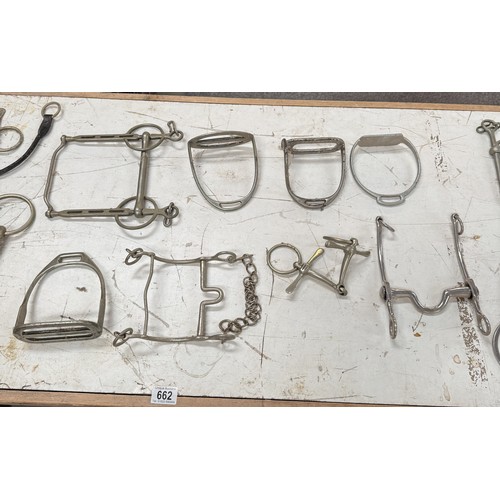 662 - A quantity of horse stirrups & bits etc