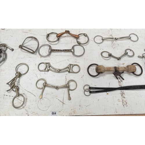 664 - A box of horse stirrups & bits etc