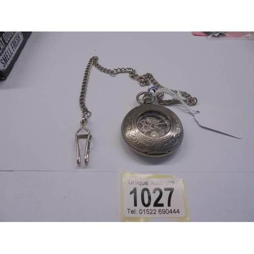 1027 - An open escapement pocket watch on chain, in working order.