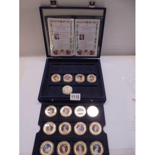 1115 - A cased set of 16 1953 - 2013 Coronation Jubilee gold plated coins and a £5 coin.