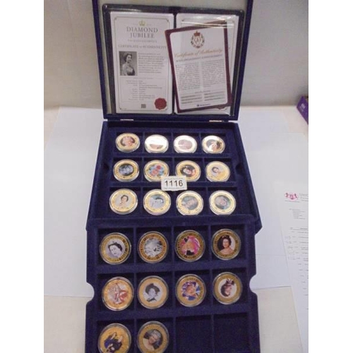 1116 - 22 cased 1952 - 2012 Diamond Jubilee gold plate coins, A Royal engagement coin and a Roman Army coin... 