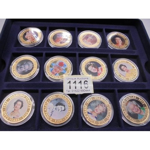 1116 - 22 cased 1952 - 2012 Diamond Jubilee gold plate coins, A Royal engagement coin and a Roman Army coin... 