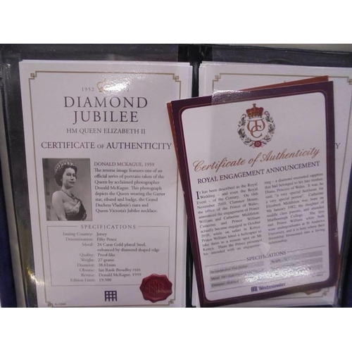 1116 - 22 cased 1952 - 2012 Diamond Jubilee gold plate coins, A Royal engagement coin and a Roman Army coin... 