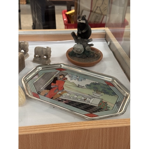 723 - An Avon tray with an art deco scene Italian ceramic horse head, Indian inlaid polished stone box etc