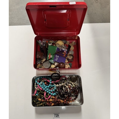 729 - A cash box & Another box of costume jewellery etc