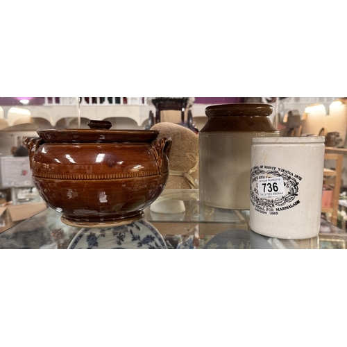 736 - A stoneware lidded pot & 2 storage jars