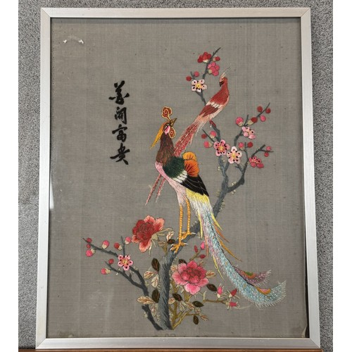 678 - 3 signed oriental silk pictures of peacocks COLLECT ONLY