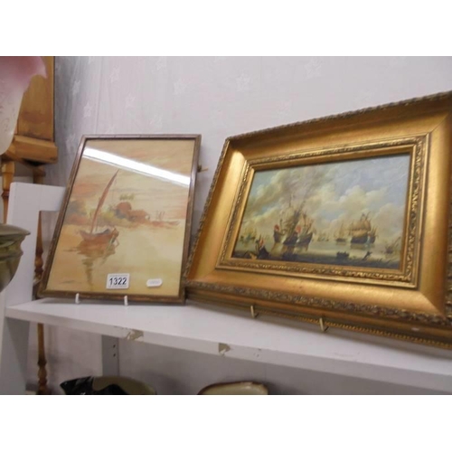 1322 - A gilt framed sea battle scene and a framed and glazed nautical scene, COLLECT ONLY.