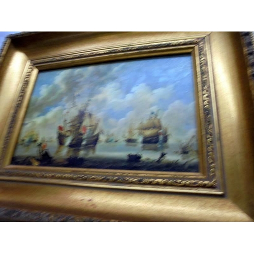 1322 - A gilt framed sea battle scene and a framed and glazed nautical scene, COLLECT ONLY.