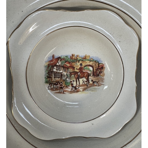 766 - A vintage fruit bowl set depicting hunting scene & 6 sandwich plates