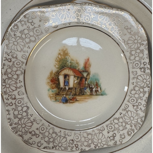 766 - A vintage fruit bowl set depicting hunting scene & 6 sandwich plates