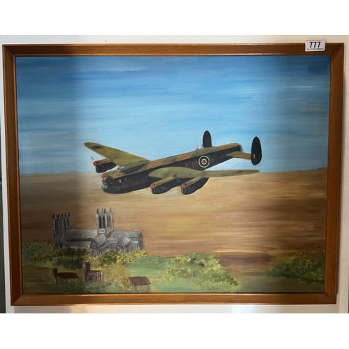 777 - A painting on board of a Lancaster over cathedral