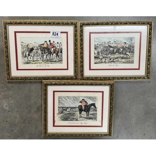 824 - 3 Gilt framed coloured engravings of hunting scenes