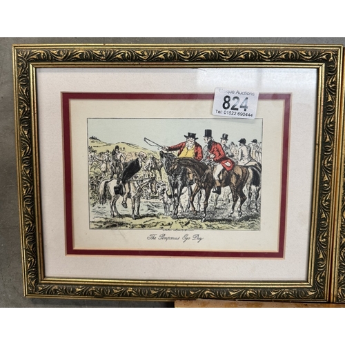 824 - 3 Gilt framed coloured engravings of hunting scenes