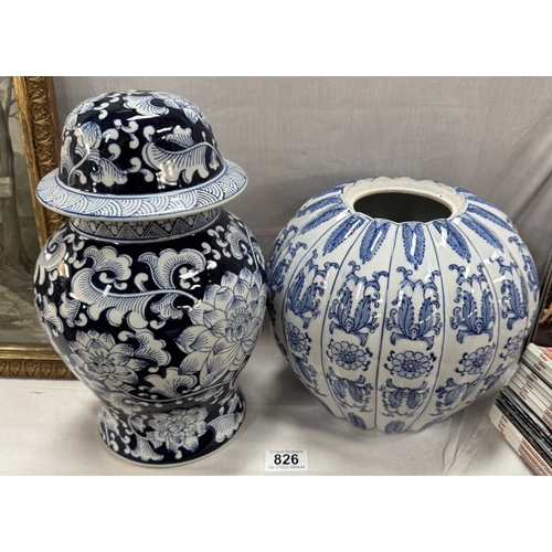 826 - A large blue and white ginger jar and a pumpkin jar (missing lid). COLLECT ONLY