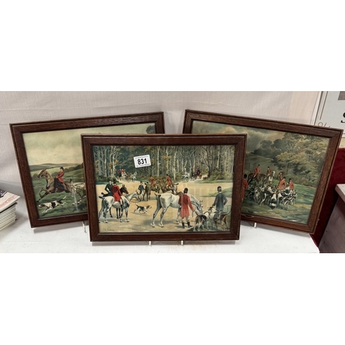 831 - 3 Oak framed pictures of fox hunting scenes