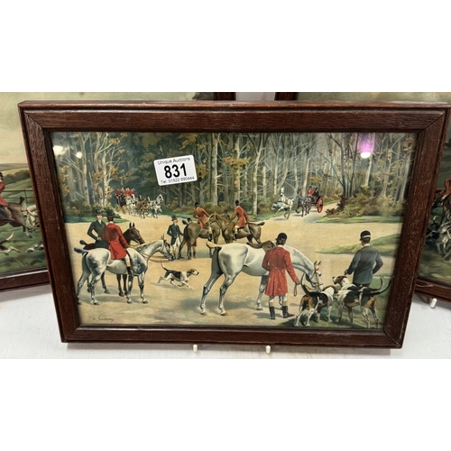 831 - 3 Oak framed pictures of fox hunting scenes