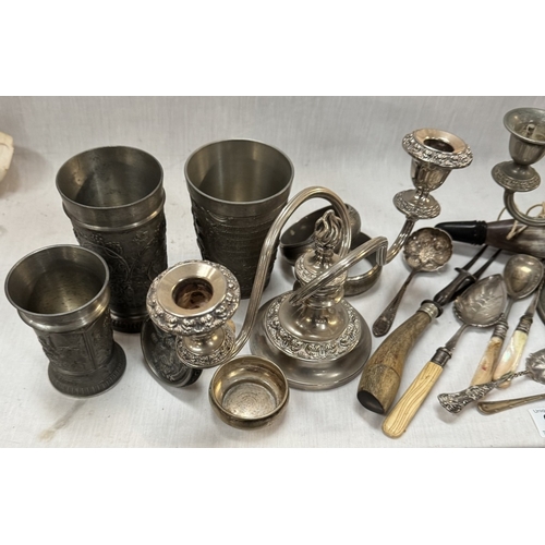 866 - A selection of silver plate & pewter including candelabra, goblets etc