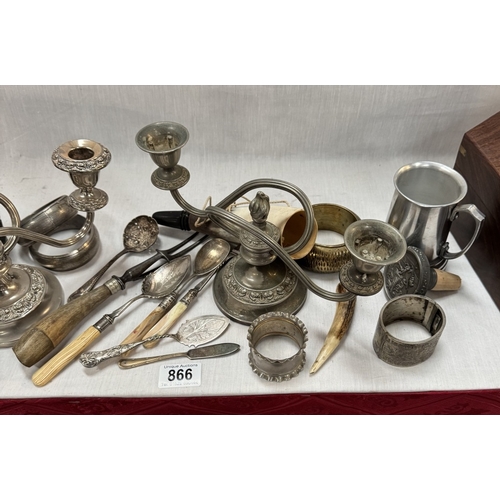 866 - A selection of silver plate & pewter including candelabra, goblets etc