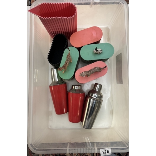 876 - A box of cocktail shakers & animal topped storage jars