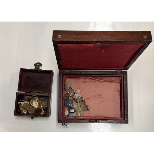 887 - A Victorian wooden box & 1 other with a quantity of bowling club pin badges