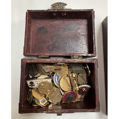 887 - A Victorian wooden box & 1 other with a quantity of bowling club pin badges