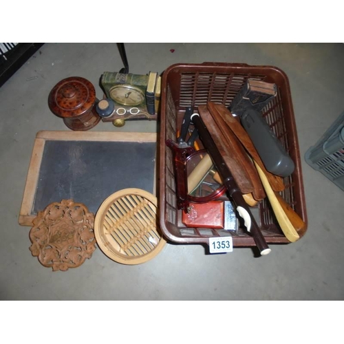 1353 - A mixed lot including clock, recorder, wooden items etc.,