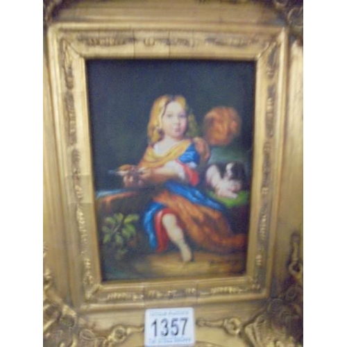 1357 - A gilt framed overpainted print of a young girl with a dog.