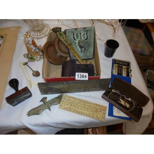 1384 - An interesting lot including blotter stamp, metal sign, letter opener etc.,