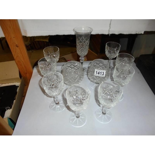 1413 - A quantity of wine and brandy glasses.