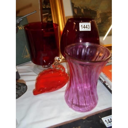 1443 - Three large red glass vases and a red glass swan, COLLECT ONLY.