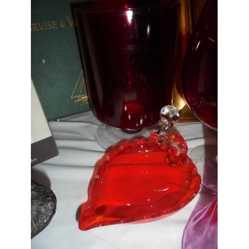 1443 - Three large red glass vases and a red glass swan, COLLECT ONLY.