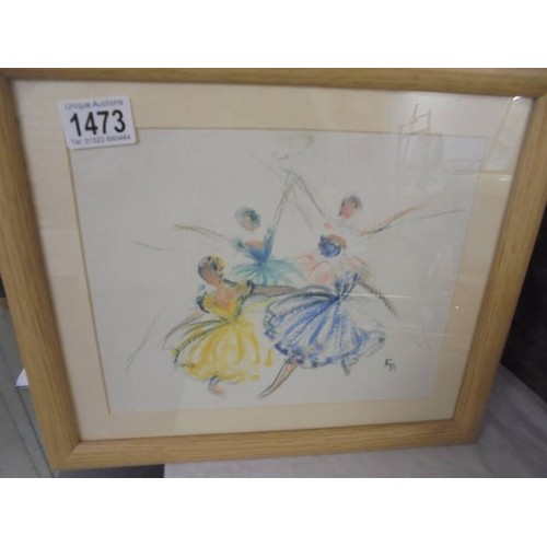 1473 - A framed and glazed 1967 painting of ballet dancers, COLLECT ONLY.