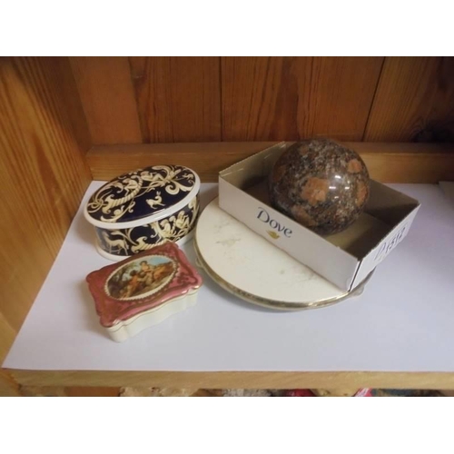 1512 - Two trinket boxes, a teapot stand and a marble ball.