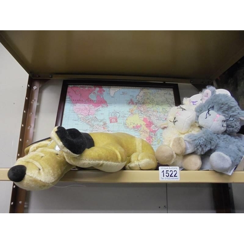 1522 - A framed map, dog doorstop and pair of bears. COLLECT ONLY.