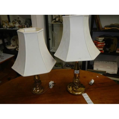 1605 - Two brass table lamps with shades, COLLECT ONLY.