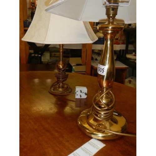 1605 - Two brass table lamps with shades, COLLECT ONLY.