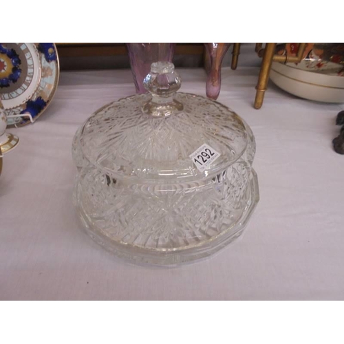 1292 - An unusual crystal cake stand with cover. COLLECT ONLY.