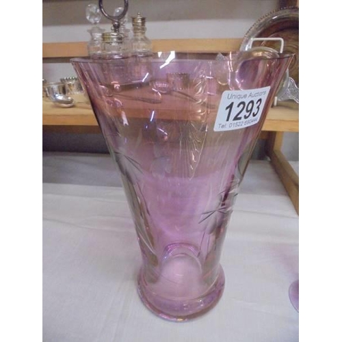 1293 - A tall etched glass vase in purple and a smaller example. COLLECT ONLY.